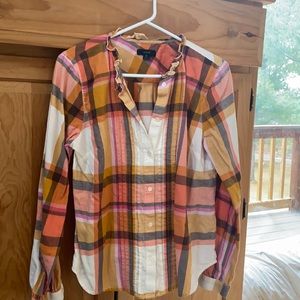 J Crew sunset plaid ruffle neck button down flannel shirt